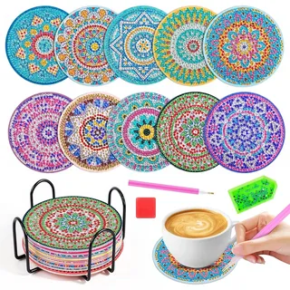 10 Stück Diamond Painting Untersetzer Mit Halter, Diamond Painting Mandala, 5D DIY Mandala Untersetzer rutschfest, Diamond Painting zum Basteln für Anfänger, Erwachsene & Kinder
