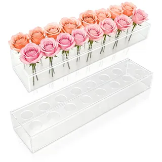 Transparente Blumentopf, 40 x 10cm Blumenvase, Rechteckige Acryl Vase mit 16 Löcher Elegante Tafelaufsatz Blumenkasten Blumen Mittelstück Moderner Blumenbehälter für Hochzeit Party Tischdekoration