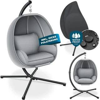 KESSER® Luxe Hängesessel mit Gestell + weicher Sitzkissen, Seitenpolsterung, Sitz- und Rückenkissen Hängekorb Indoor & Outdoor, Garten Schaukel Korb Hängestuhl Stabiler Standfuß, max. 150 kg - Grau