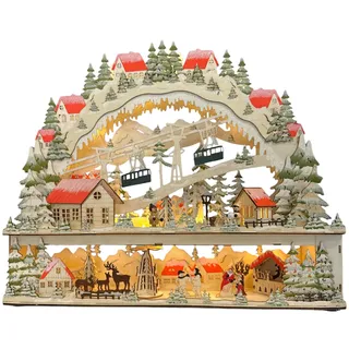 Wichtelstube-Kollektion XL LED Schwibbogen Skifahrer im Gebirge Lichterbogen mit Podest innenbeleuchtet Schwippbogen Weihnachten Holz beidseitig bemalt 50cm groß