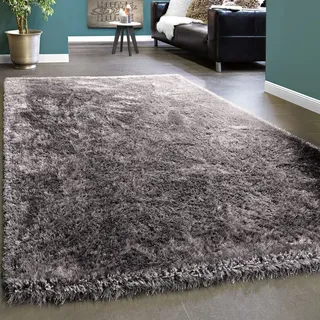 Paco Home Edler Teppich Shaggy Hochflor Einfarbig Flauschig Glänzend In Grau Hellgrau 80x150 cm