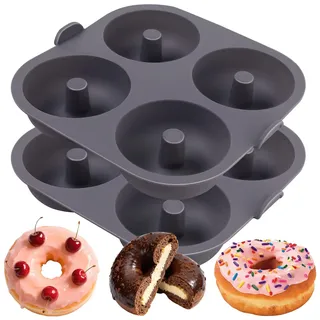 Butabeishy Silikon-Donut-Formen für die Heißluftfritteuse, 2er-Set, 8-fache Antihaft-Donut-Formen mit Tragegriff, Donut-Bagel-Backform für Muffins, spülmaschinenfest, grau