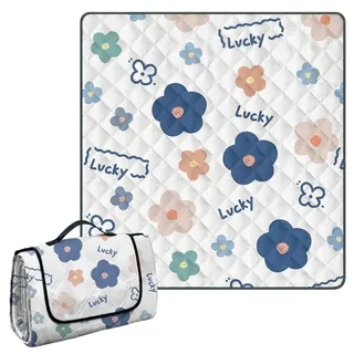 Jafurnestia Picknickdecke 200 × 200 cm, Outdoor Stranddecke, Blau | Wasserdicht, Isolierte Unterseite, Faltbar, Für Camping, Garten & Familienausflug, Blumenmuster