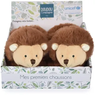 Doudou et Compagnie – Hausschuhe Igel – Unicef – Braun – offene Box – integrierte Rassel – Geschenkidee zur Geburt Mädchen und Jungen – von 0 bis 6 Monaten – DC3998