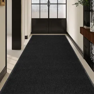 uyoyous Teppich Läufer Flur, rutschfest Schmutzfangmatte Meterware, 90×300 cm Streifenmuster Teppichläufer Küchenteppich, Waschbar Flurteppich für Eingänge, Küche, Wohnzimmer, Korridor-Schwarz