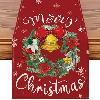 Artscope Weihnachten Tischläufer, Modern Weihnachtstischläufer Dekoration, Weihnachtsdeko Tischdecke Party Dekor für Küche, Esstisch, Garten, Innen & Außen (40x140cm, Weihnachtskranz Rot)