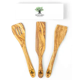 SOLTAKO Premium Pfannenwender aus Olivenholz - 2er Set | 2 Holz Pfannenwender für Küche, Pfanne & Wok - handgefertigt aus massivem Olivenholz, langlebig & mit natürlicher Maserung
