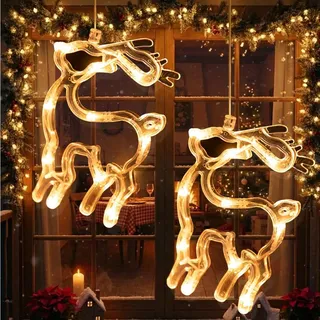 LED Weihnachtsstern Fensterlichter 2 Stück Warmweiß LED Rentier Lichter Fenster Hängeleuchten Batteriebetrieben Weihnachtsdeko Tür Haus Party Deko - Weiß