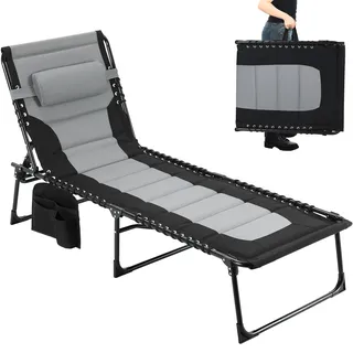 Clevich XXL Liegestuhl klappbar, 199×66 cm Übergroße Sonnenliege mit 5-Fach Verstellbarer Rückenlehne, Gartenliege mit Kopfkissen & Seitentasche, Campingliege bis 150 kg für Strand, Pool