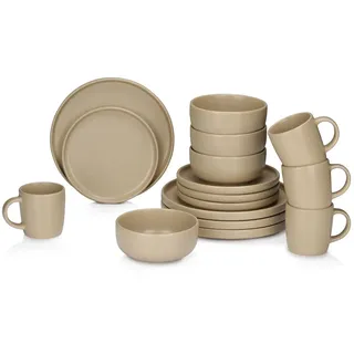 Alpina Geschirrset 16-Teilig - Teller Set 4 Personen - Steinzeug Geschirr - Frühstücksteller, Essteller, Schalen und Tassen - Mikrowellen- und Spülmaschinenfest - Sand