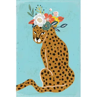 queence Metallbild "Leopard" Blumen  Leopard  Sprüche 1 Stk. tlg. Stahlschild, Blechschild, Leopard mit Blumenkranz, farbe bild(er): gelb