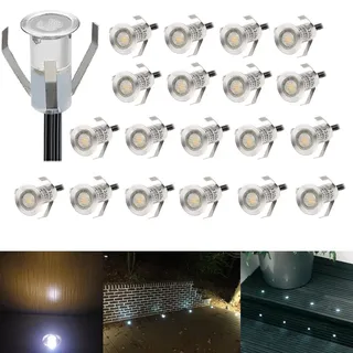 20er Set Mini Treppen Einbaustrahler Ø18mm 0.4W IP67 Wasserdichte 7LM Bodeneinbaustrahler LED Bodenstrahler Aussen und Innen Lampe mit 12V Netzteil für Garten Terrasse Treppen Beleuchtung Kühles Weiß