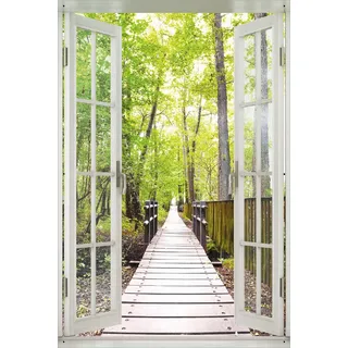Wallario Outdoor-Poster für Garten oder Balkon 61 x 91,50 cm: Spaziergang im Wald Holzweg über einen Fluss - Gelb