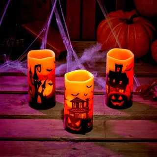 THE TWIDDLERS 3 Halloween Echtwachs Flammenlose Kerzen, Batteriebetriebene LED Stumpenkerzen (15cm) - Tischdeko für Halloween