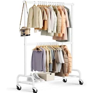 MISSLO Schwerlast Kleiderständer Doppelt, Metall Kleiderstange auf Rollen Stabil Mobile Garderobenständer für Mäntel, Hemden (Weiß)