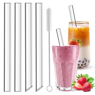 HXC 4 Stück Bubble Tea Strohhalme Glas 14MM Exra Dicke Strohhalme Glas Bubble Tea Strohhalme Wiederverwendbar Boba Tea Glasstrohhalme mit Reinigungsbürsten für Smoothie Säfte 21.5cm