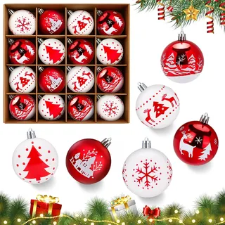 Weihnachtskugeln mit Box, 16 Stück 6cm Christbaumkugeln Kunststoff Set, Rot und Weiße Bruchsicher Weihnachtsbaumschmuck mit Aufhänger, Weihnachtsdeko für drinnen und draußen