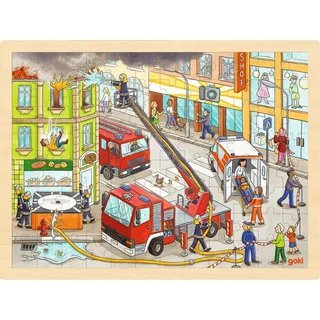 goki 57336 - Einlegepuzzle Feuerwehreinsatz für Kinder – Fördert Fantasie und Feinmotorik, Feuerwehr und Krankenwagen, 40cm x 30cm, 96-er Set, ab 3 Jahre