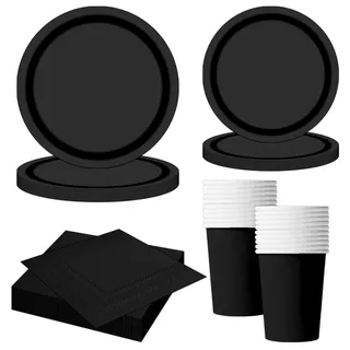 MORAINJAY 68-teiliges Schwarz Pappgeschirr Set, Schwarz Pappteller Pappbecher Servietten, Deko Partygeschirr für Geburtstag, Halloween, Silvester, Abschlussfeier, Party Supplies