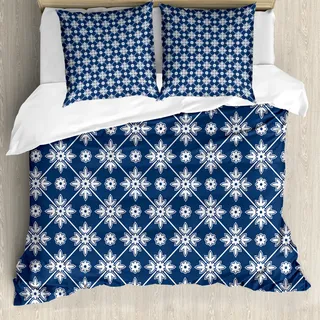 ABAKUHAUS Blau Bettbezugs Set Für Doppelbetten, Kariertes folklorisches Blumen, Milbensicher Allergiker geeignet mit Kissenbezügen, Weiß Blau
