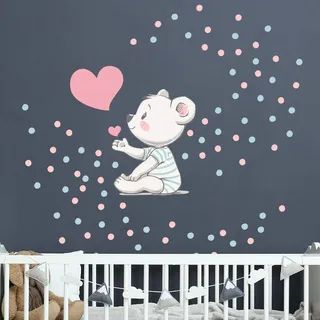 Wandaufkleber für Kinder, Babyzimmer, Wandtattoo, Wandaufkleber, Motiv: Liebesbär + 100 Kreise, Wandaufkleber für Jungen, H40 x L30 cm