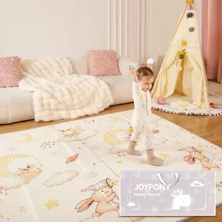 Joypony Krabbelmatte Baby Faltbar, 120 x 120 x 1cm Spielmatte Kinder | Rutschfest & Wasserdicht | Doppelseitige Krabbeldecke mit Tragetasche & vernähten Kanten | Baby Play Mat - Kaninchen