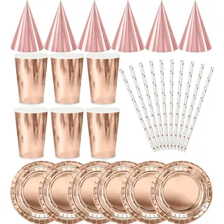 Set: Becher, Teller, Strohhalme, Roségold