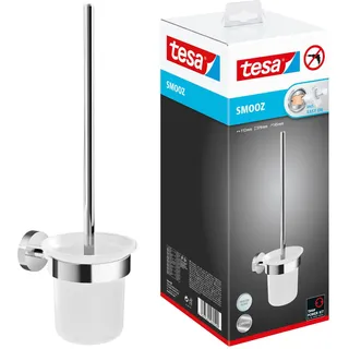 Tesa SMOOZ WC-Garnitur, satiniertes Glas und verchromter Edelstahl - Toilettenbürsten-Set zur Wandbefestigung ohne Bohren, inkl. Klebelösung - 137 mm x 97 mm x 410 mm
