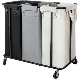 WOWLIVE Wäschesammler Mit Rollen, 260 L, 3 Fächer Organizer, Wäschekorb Mit Stahlrahmen Und Abnehmbaren Taschen, Großer Roll-Wäschekorb Für Schlafsaal Und Schlafzimmer