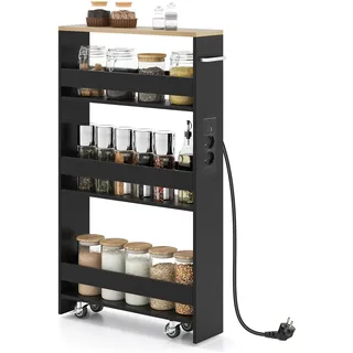 FANTASK Schmaler Nischenwagen 13cm, 4 Etagen Holz Badregal mit Ladestation, Servierwagen mit Griff & Geländern, Nischenregal auf Rollen für Küche & Badezimmer (Schwarz)