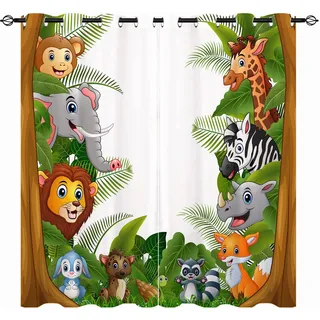 YUANZU Kinder Vorhänge Dschungel Wald Tiere Zoo Ösen Gardinen mit Blickdichte Thermo Vorhang Kälteschutz Blackout Curtain Kinderzimmer Schlafzimmer Verdunkelung Fenster, 2 Stück, H 160 x B 132 cm