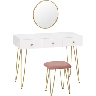 Schminktisch mit Hocker & Spiegel modernes Design gold 3 Schubladen - Weiß