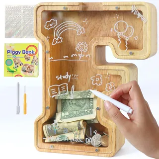 Lakpopya Spardose für Kinder Jungen Mädchen Sparschwein Kinder Spardose Personalisiert Durchsichtig Spardose Buchstabe Holz A-Z mit Zielbereich & Aufkleber & Marker, Taufe Geschenk Dekoration (F)