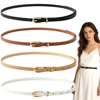 4 Stück Schmaler Taillengürtel für Damen – Verstellbare Ledergürtel mit goldener Kreisschnalle, dünne Skinny Gürtel für Jeans, Kleider und Hosen in Schwarz, Khaki, Weiß und Beige
