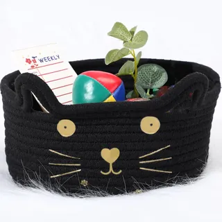 Baumwollseil Korb mit Katze Ohren Klein Geflochten Aufbewahrungskorb Dekorative Haustier Spielzeug Korb Baumwollseil Wäschekorb für Kinder Zimmer 8,3 Zoll L x 4,7 Zoll H (Schwarz)