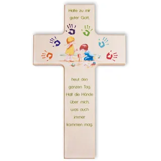 Fritz Cox Kreuz für Kinder aus Holz, natur | Gott beschütze mich | spielende Kinder unter einem Regenbogen von bunten Händen | Taufgeschenk für Jungen & Mädchen | 15cm