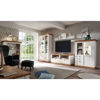 Landhaus Wohnwand 458cm pinie weiß / wotan eiche Anbauwand Highboard - Weiß, Braun