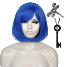 Kurze Blau Perücke für Frauen, ATAYOU Glatt Blau Bob Perücke mit Schmetterling Haarspange und Schwarz Knopf Schlüssel Halskette für Coraline Halloween Cosplay Kostüm