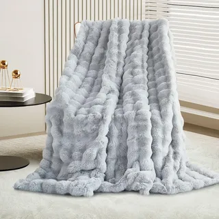 Luxuriöse Plüsch-Überwurfdecke, superweiche, gemütliche, flauschige Decke, Kunstfelldecke, leicht, warm, für Couch, Bett, Sofa, 130 cm Breite x 160 cm Länge, Hellgrau