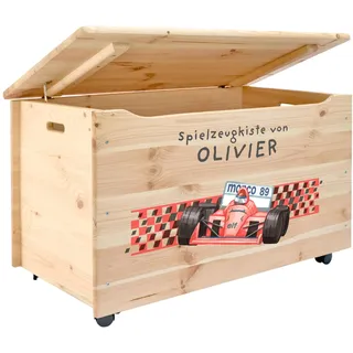 Pinus Spielzeugkiste personalisierbar 90x48x51 cm mit Deckel Rollen | Kiefernholz, Wunschname personalisiert, große Aufbewahrung, für Spielzeug Decken Erinnerungen, Kinderzimmer Geschenk Geburt