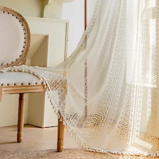 EUBSWA Makramee Vorhang Boho Deko - 2er Boheme Vorhänge mit Fransen, Baumwolle Linen Gardinen für Wohnzimmer und Schlafzimmer