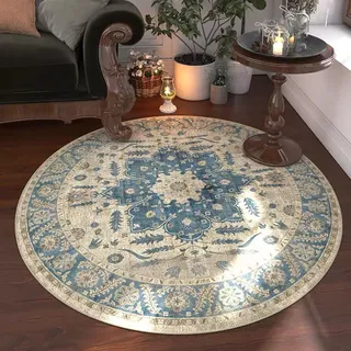 Tospass Vintage Boho Rund Teppich Waschbarer Wohnzimmer Orientalischer Stil Sofa Teppich Kurzflor Couchtischmatte, Bunter Muster Rutschfester Carpet für Schlafzimmer. 120 cm