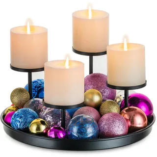Sziqiqi Adventskranz Rund Metall Schwarz, Moderner Tablett, 30cm | Adventsgesteck Gestell mit Verschieden Hohen Kerzenhalter für 4 Stumpenkerzen, Advent-Kerzenständer für Weihnachten Tischdeko