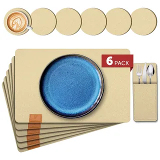 shinfly Tischsets Abwaschbar Platzsets aus Filz 18er Set, Abwischbar Tischsets, Hitzebeständig rutschfest Platzdeckchen mit Untersetzer, BestecksäCken für Küche, Speisetisch, 44x31cm 【Hellgelb】