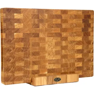 B4K® Schneidebrett mit Ständer aus Eiche Stirnholz 50 × 35 × 4 cm – Massiver Hackblock | Antibakterielles Hirnholzbrett mit Griffen & Silikonfüßen | Perfekt für Küche, Fleisch & BBQ