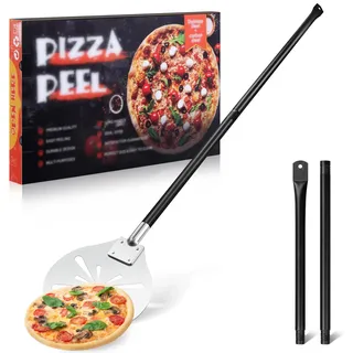 TEAMFAR Pizzaschieber, 20,3 x 22,7 x 110 cm Perforierter Edelstahl Pizzaschaufel Pizza Schieber, Rund Großer Fläche & Abnehmbaren Griff zum Leichten Gleiten auf Pizzastein, Leicht zu Reinigen
