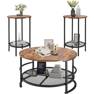 Vevor 3-tlg. rundes Wohnzimmertisch-Set, (800 x 465 mm) Industrie-Couchtisch mit 2 runden Beistelltischen (40 x 60 cm), Sofatisch-Sets mit Metallbeinen, Satztische für Büro Wohnzimmer Wohnung