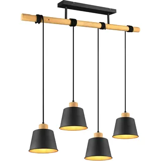 Trio Leuchten Pendelleuchte Harris 312700432, Metall Schwarz matt,innen goldfarbig, Holz natur, exklusiv Leuchtmittel 4x E27