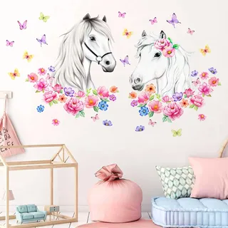 Idota Wandtattoo Pferdekopf, Selbstklebende Wand Tattoo Blumen DIY Wandtattoo Kinderzimmer Schmetterlingen Schöne Deko Wand Tattoo Pferde Mädchen für Geburtstagsfeiern/Schlafzimmer/Wohnzimmer