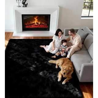 VOFUSHON Teppich Wohnzimmer 200 x 300 cm Schwarz | Hochflor, Waschbar, OEKO-TEX Zertifiziert, 35D Rückprallschaum, Schlafzimmer, Rutschfeste Unterseite, Flauschig